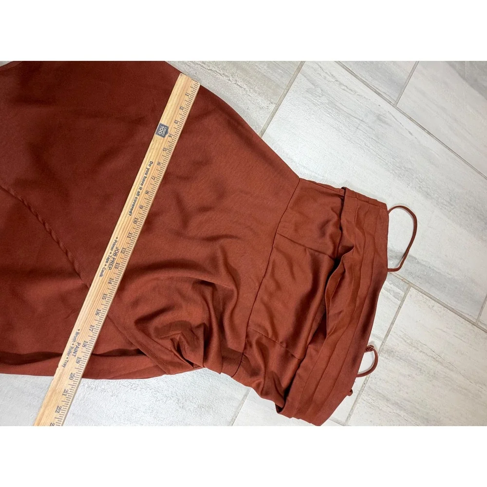 Sadie & Sage Luxe Rust Brown Satin Pleated Wrap Tulip Hem Mini Dress